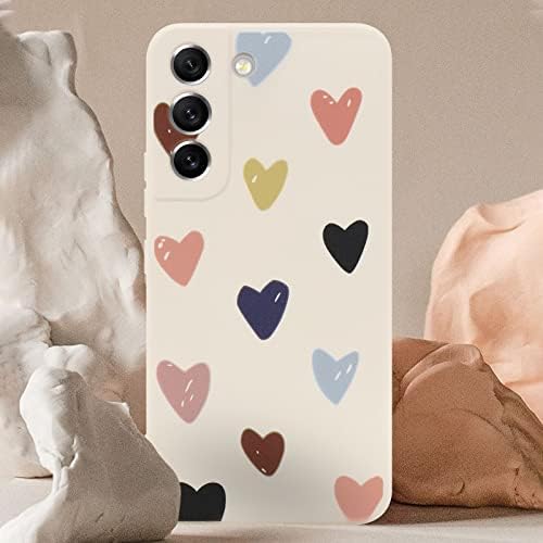 Wirvyuer Compatible with Samsung S22 Case for Women Girls Liquid Silicone Shockproof Protective Cute Phone Case with Hearts Pattern Design Beige Cover for Samsung Galaxy S22 5G