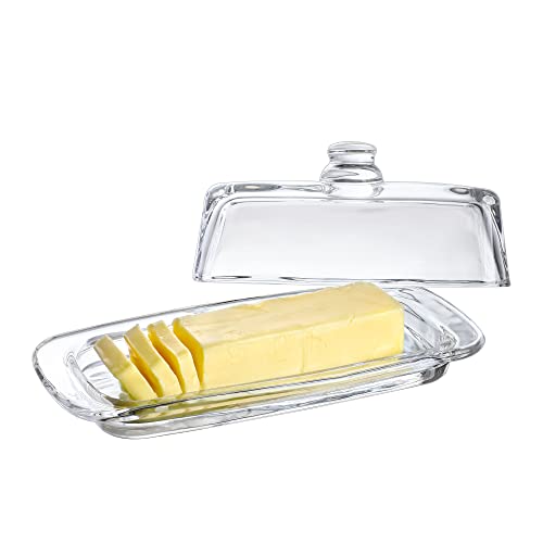 8” Art Glass Butter Dish with Lid,Classic Covered 2-Piece Butter Container For Countertop,Multi-Purpose Preserving Serving Dessert Tray Bowl,Dishwasher Safe