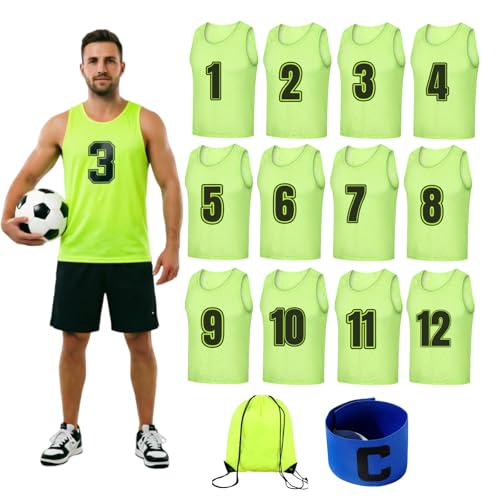 TOEPODO Pinnies Set of 12 Scrimmage Vests Soccer Bibs Sports Pinnies Team Practice Jerseys for Adult with Drawstring Bag & Captain's Armband（Fluorescent green） by TOEPODO - Used condition - US$29.72