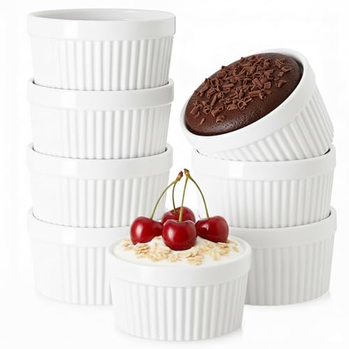 6 OZ Ramekin Bowls 8 PCS,Bakeware Set for Baking and Cooking, Oven Safe Sleek Porcelain White Ramikins for Pudding, Creme Brulee, Custard Cups and Souffle Small instant table tray (6OZ White)