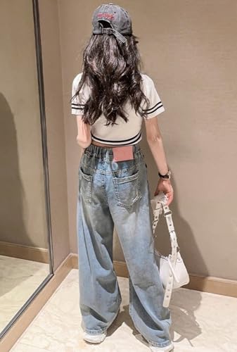 NABER Kids Girls Elastic Waist Cool Ripped Jeans Washed Denim Wide Leg Ripped Denim Jean Age 5-15 Years4