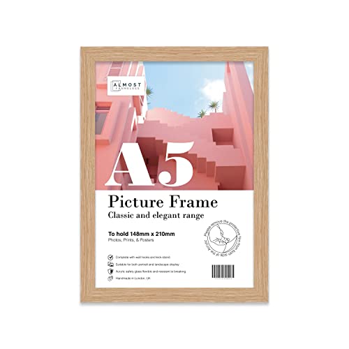 Almost Frameless A5 Oak Picture Frame Fits A5 (14.8 x 21cm - 5.8 x 8.3in) Poster, Photo, Artwork, or Print. Thin Edge Slim Frame Portrait and Landscape Display with Wall Hooks