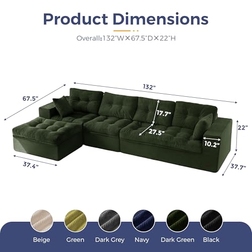 Image of MAXYOYO 132 inch L Shaped Modular Sectional Sofa with Ottoman, Cloud Boneless Couch with Layered Cushion, Upholstered Sofa in a Box, Flexible Module Combination for Living Room, No Assembly, Dark Green
