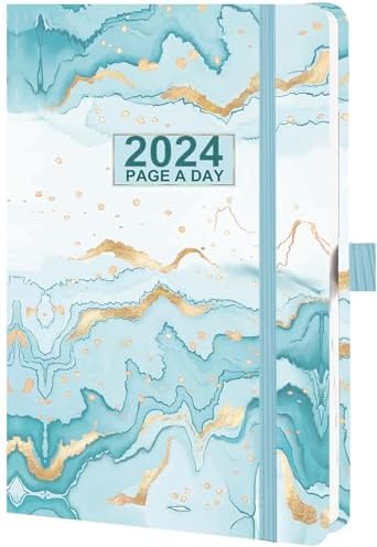 Dzhzal Diary 2024 A5 Page a Day, Day Per Page Diary 2024 From January 2024 to December 2024, Hard Cover Productivity Daily Planner with Monthly Tabs, Pen Loop and Inner Pocket 5.7"x8.3"