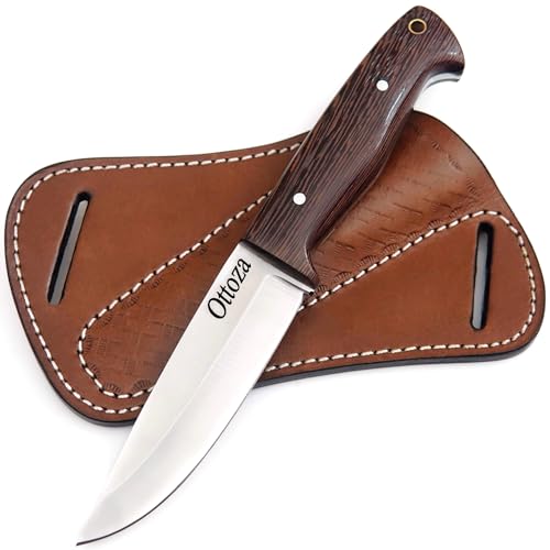 Ottoza Bushcraft Knife with Sheath & Wenge Wood Handle - Outdoor, Survival, Camping Knife - 1095 High Carbon Steel Fixed Blade Hunting Knives for Men Cross Draw Sheath 428