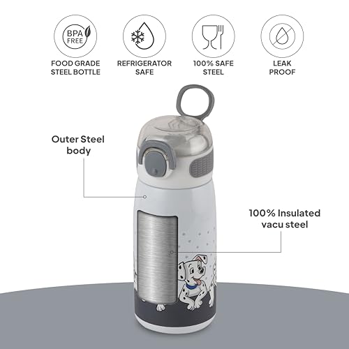 Image of Cello Kidzbee Flare 450 Insulated Stainless Steel Sipper Water Bottle 444 ml, White | Dalmatians Cartoon Design Hot & Cold Bottle | Vacuum Insulated Leakproof Easy to Carry Water Bottle for Kids