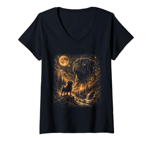 Women's Funny Black Pug Howling at The Moon Vintage Puppy Dog Art V-Neck T-Shirt
