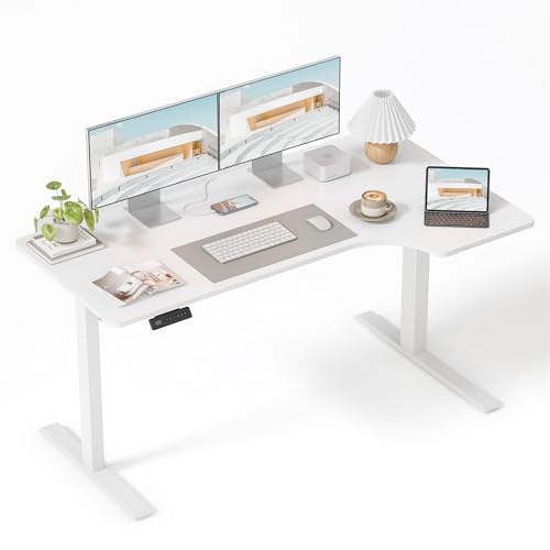 Image of FEZIBO L Shaped Electric Corner Standing Desk, 55x32 inch Home Office & Computer Height Adjustable Table with 4 Memory Height Settings, Ergonomic Sit and Stand Desk with Splice Board, White Top