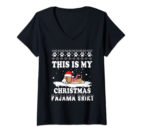 Femme Chandail laid de pyjama de chien de beagle ceci est mon Noël T-Shirt avec Col en V