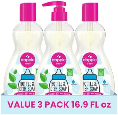 Dapple Baby Fragrance Free Bottle & Dish Soap - (3 Pack) 16.9 fl oz - Cleans Baby Bottles, Sippy Cups, Pacifiers, Breast Pumps, & More - Gently Removes Milk Film & Odors - Includes 1 Pump