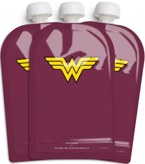 Herobility DC Comic Food Pouch 180 ml / 6 Fl Oz - Squeeze Pouches for Baby, Reusable, Sustainable, Leak-Proof Design, Double Zip-Lock, BPA-Free - Pack
