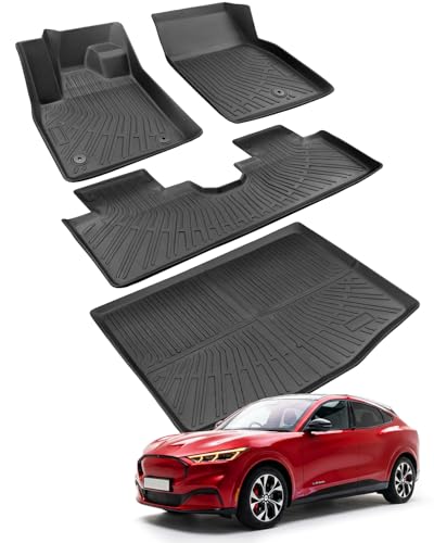 for Mustang Mach E Floor Mats & Cargo Liner 20212025, Custom Fit All Weather TPE Car Mats for Mach E Accessories, 1st & 2nd Row Heavy-Duty Black Floor Liners for Ford Mustang Mach-E by DiffCar