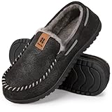 HomeTop Men's Moccasin Slippers Soft Faux Suede Plush Warm Lining Memory Foam Indoor House Shoes with Anti-Skid Sole (12, Black)
