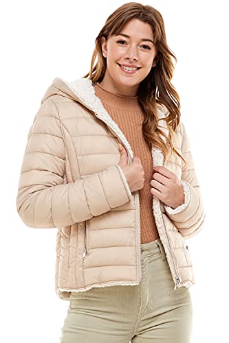Love Tree Women's Reversible Sherpa Puffer Jacket - Fleece Hooded Sherpa Padded Outerwear Jacket (Khaki, Small) #TOP1