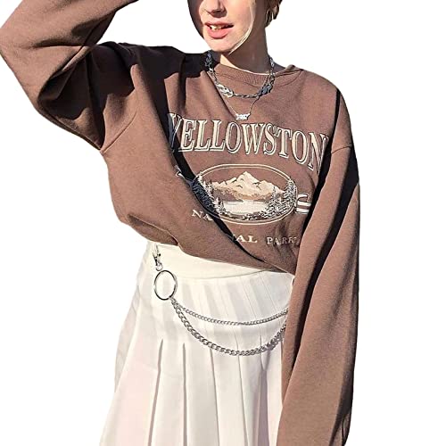 Kosusanill Women Graphic Crewneck Sweatshirt Y2K E Girl Aesthetic Vintage Printed 90S Streetwear Casual Long Sleeve Going Out Tops Pullover (Brown Letter, Small) #TOP2