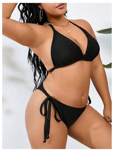 MakeMeChic Women's Plus Size Bikini Set Halter Triangle Tie Back Thong Swimsuits4