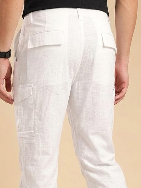 Image of Vogaan Men Cotton Linen Blend Cargo Pants | Mid Rise Regular Fit Casual Trousers | Multi Pocket Utility Bottom Wear | Comfortable Breathable Fabric Travel Outdoor Styling