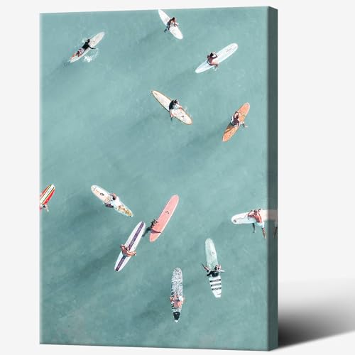 Abstract Ocean Painting - Denim-Clad Surfers Floating On Translucent Waves, Modern Serene Sea Canvas Wall Art For Coastal Living Room Decor Modern Beach House 24x36in Wframed