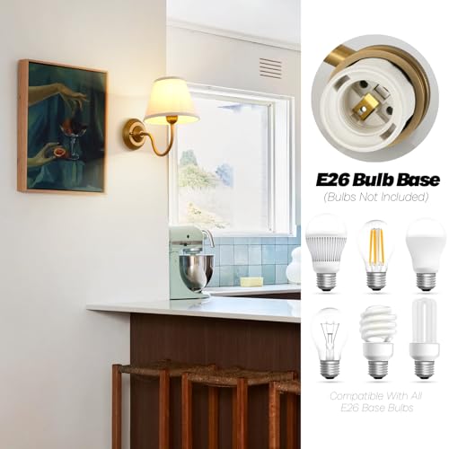 Image of Vintage Curved Arm Fabric Wall Sconce with Linen Cloth Shade, Hardwired Indoor Single Sconce Light Wall Mounted Lamp for Bedroom Living Room Stairs Hallway