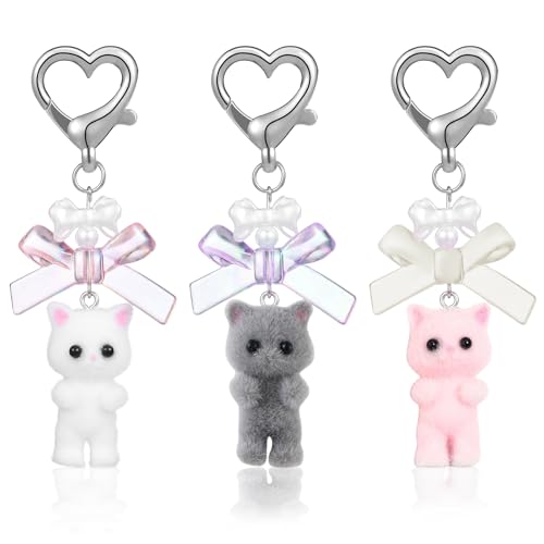 NATOSU 3 Stück Y2K Süßer Katzen Schlüsselanhänger, Flauschige Kätzchen Dekoration, Taschenanhänger, Handyanhänger, Herzschleife Ornament, Geschenke für Katzenliebhaber, Freundin, Frauen