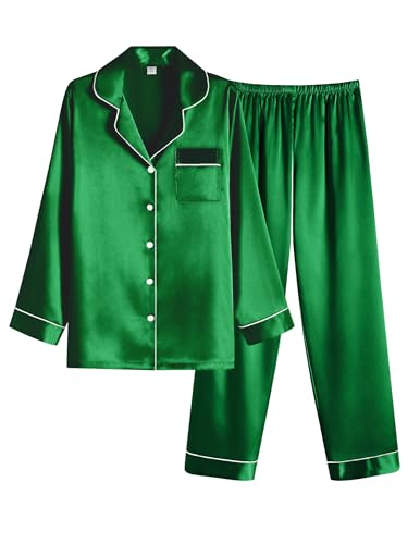Ekouaer Women Satin Pajamas Set Classic Button Down Long Silk Pjs Set,Small,Green