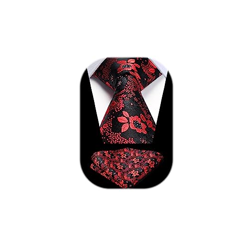 HISDERN Burgundy Ties for Men Wedding Tie and Pocket Square Set Elegant Floral Tie Silk Necktie & Handkerchief Sets Party Business