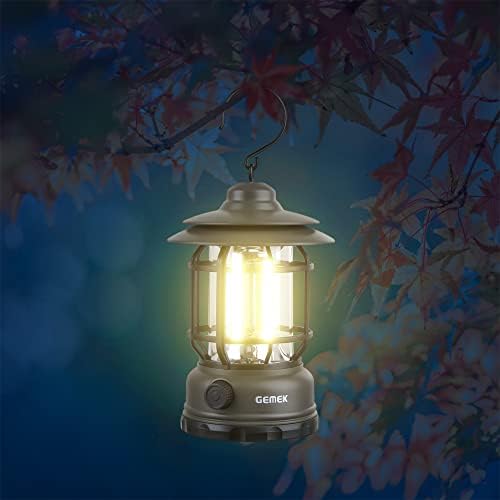 GEMEK Camping Lantern Rechargeable, Retro Metal Camping Light, Hanging Dimmable COB Brightness Tent Light for Camping, Emergency, Fishing, Hiking etc (Green)