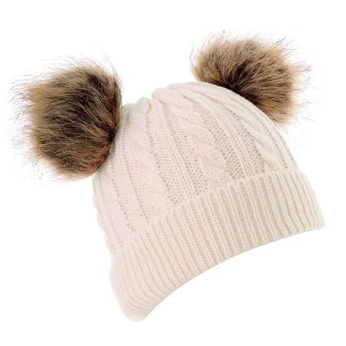 Yolyoo Fashion Winter Beanie Hat for Kids Baby,Knitted Warm Faux Fur Pompom Toddler Hat for Gils Boys White