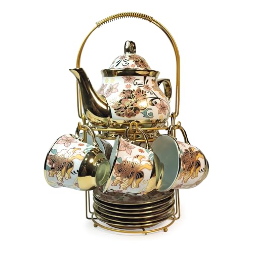 Image of DMRD Ceramic Tea Set -13 Pcs |1Kettle (800 ml), 6 Cups (180ml) & 6 Plates | Microwave & Dishwasher Safe | Elegant Morning Tea Set for Gifting | Floral & Aesthetic Design | Cute Cups Set (White)