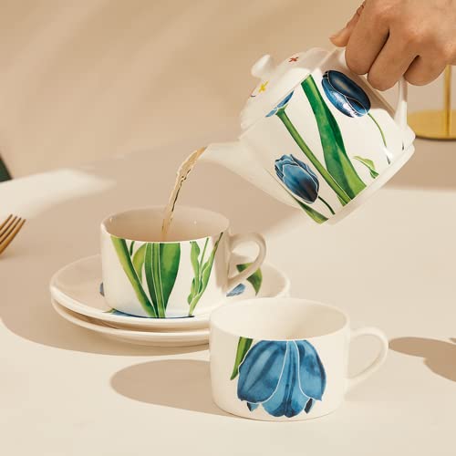Jimiruigro Ceramic Tea Set For Two, 13.6Oz Teapot With Infuser, Stacked Kettle Two Cup And Saucer With Handpainted Flower Pattern, Office Home Gift For Women And Adults, Style 1 #TOP5