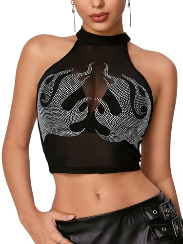 WDIRARA Women's Rhinestone Mesh Crop Top See Through Halterneck Y2k Rave Tank Top