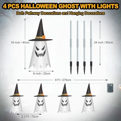 4 Stück LED Geister mit Hexenhu für Halloween Deko Outdoor,LED Halloween Horror Dekoration für Garten Rasen Gruselig Outdoor,Hängende Gespenster Dekorationen