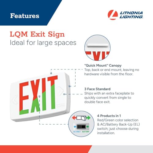 Image of Lithonia Lighting Quantum LED Exit Sign, Dual Sided Emergency Exit Sign, Selectable Red and Green Colors, Pop-Out Chevrons, AC Power with Battery Backup, White (LQM S W RG MVOLT M6)