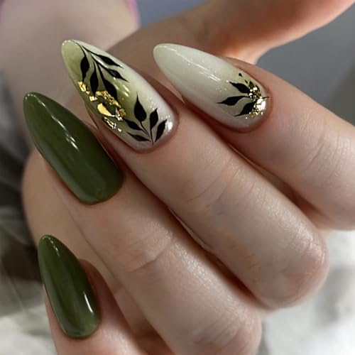 Almond Press on Nails Medium Green Fake Nails with Green Leaf Des...
