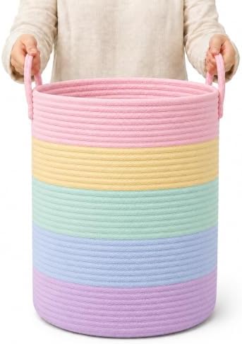 OrganiHaus Tall Rainbow Basket with Handles, Woven Cotton Rope Laundry Basket, Rope Baskets for Dirty Clothes,Towels and Blankets, Large Decorative Storage Bin for Bedroom - 38x45cm