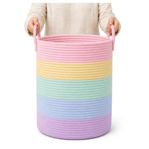 OrganiHaus Large Rainbow Woven Laundry Basket w/Handles 52L, Decorative Toy Storage Bin for Nursery, Colorful Blanket Basket for Playroom, Baby Laundry Hamper, Fun Kids Room Decor Organizer