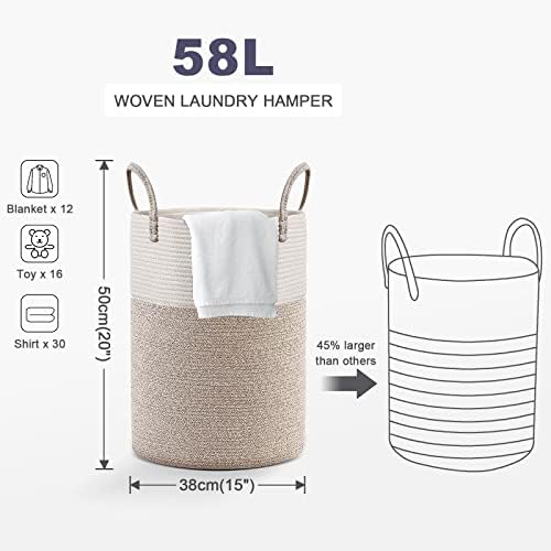 Cotton Rope Laundry Basket, Viwril Large Woven Laundry Storage Basket Dirty Clothes Hamper Tall Woven Baby Nursery Organiser with Handle for Diaper Toy Bedroom Bathroom Storage Bins 50cm x 38cm Brown