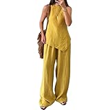 Conjunto Lino Mujer 2 Piezas de Verano Camisas de Manga Larga Cuello En V Y Pantalones Conjunto Deportivo Mujer Chandal Trajes de Vacaciones en la Playa Casual Verano