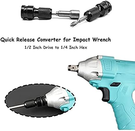 2 Pack 1/2 Square Drive to 1/4 Hex Shank Socket Adapter Quick Release Chuck Converter for Impact Ratchet Wrench Screwdriver Bit Spanner Set Drive Converter Impact Tool Hand Tool Set