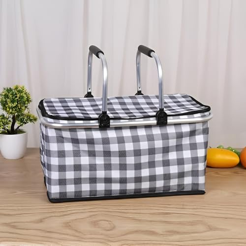 Image of Large Collapsible Picnic Basket with Lid - Foldable Insulated Food Storage Basket for Travelling, Outdoor Camping, Grocery Shopping & Picnic Use