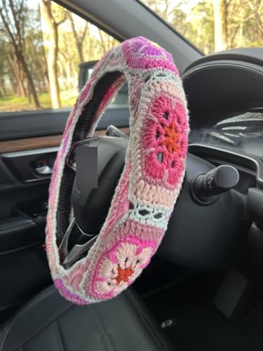 YDMZZB Crochet Galsang Flower Car Steering Wheel Covers,Car Interior Accessories Decorations (Pink:Wheel Cover)