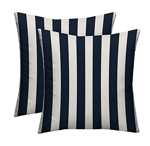 RSH DECOR: Square Throw Pillows Set of 2 | 17” x 17” | All-Weather Spun Fabric | Water and Fade-Resistant | Outdoor Accent Pillows for Patio Furniture | Navy & White Stripe