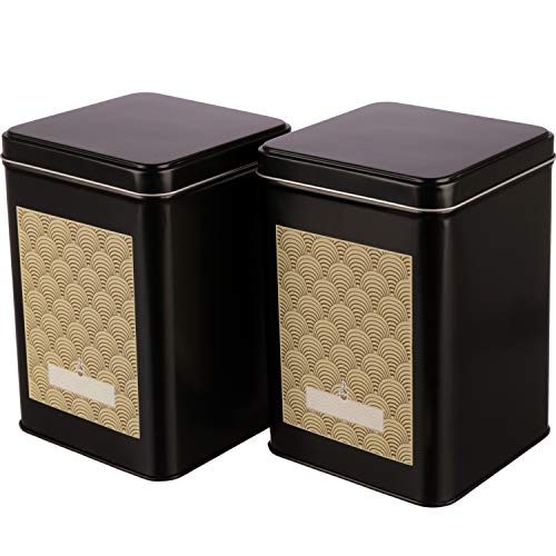 Dosenritter | Lot de 2 boîtes à thé carrées en métal avec couvercle à charnière pour 400 g de thé, avec 2 étiquettes adhésives Art Déco | 15,3 x 10,6 x 10,6 cm (H x l x P), Noir Cover