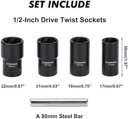 CASOMAN 5 Pieces 1/2"Dr. Twist Socket Set, Lug Nut Remover Tool, Metric Bolt and Lug Nut Extractor Socket Tools