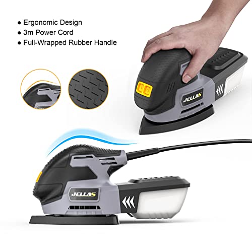 Jellas Electric Detail Sander, 220W Compact Sander Machine For Wood, 13,000 Rpm Sanders With Dust Collection, 16Pcs Sandpapers, Finger Sanding Attachment And Sanding Pad Included, Ms220T #TOP1