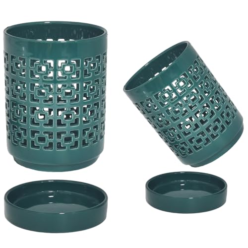 pavtner Orchid Pots with Holes 4 Inch, Ceramic Orchid Pot for Repotting with Saucers,Fang-Green 2Pack