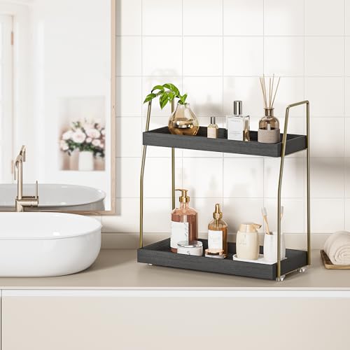 Image of Bathroom Countertop Organizer, Counter Organizer for Bathroom Decor | Wooden Sink Shelf for Vanity Storage, Makeup Tray for Perfume Skincare Bedroom Kitchen Coffee Bar (2 Tier, Black and Gold)