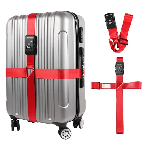 Travel Inspira Luggage Straps TSA Approved Suitcase Belt Adjustable Length 3-Dial Combination Lock and Cross Luggage Suitcase Security - Red