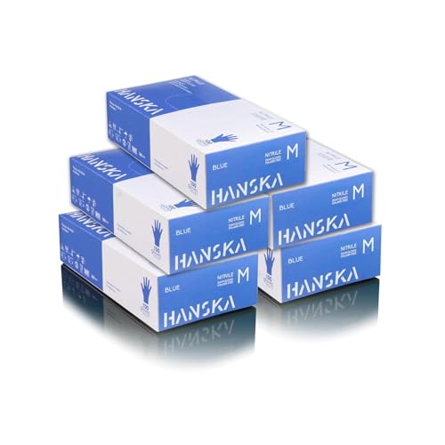 HANSKA Paquete de 500 guantes desechables de nitrilo Azul - Sin polvo - Desechables - Ambidiestros - Base de goma - Apto para uso médico y manipulación de alimentos (500, M)