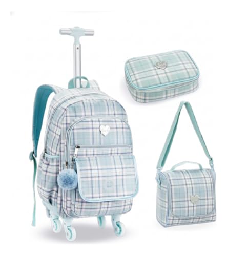 Kit Mochila De Rodinhas 360° Escolar Xadrez, Com Rodas Giratórias, Alça Telescópica, 3 Peças, Para Estudantes Juvenil Feminino (Azul Turquesa)
